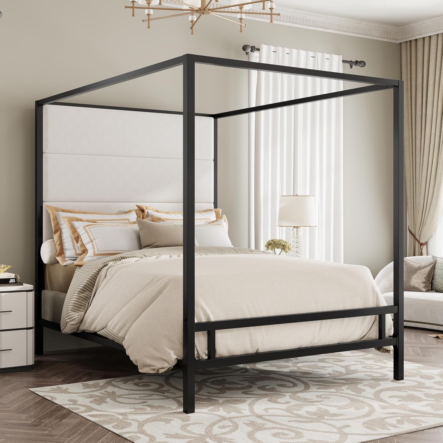 クイーンサイズの天蓋付きベッド、背の高いベルベット張りの金属 - Canopy Bed Frame Metal Queen のレビューと価格