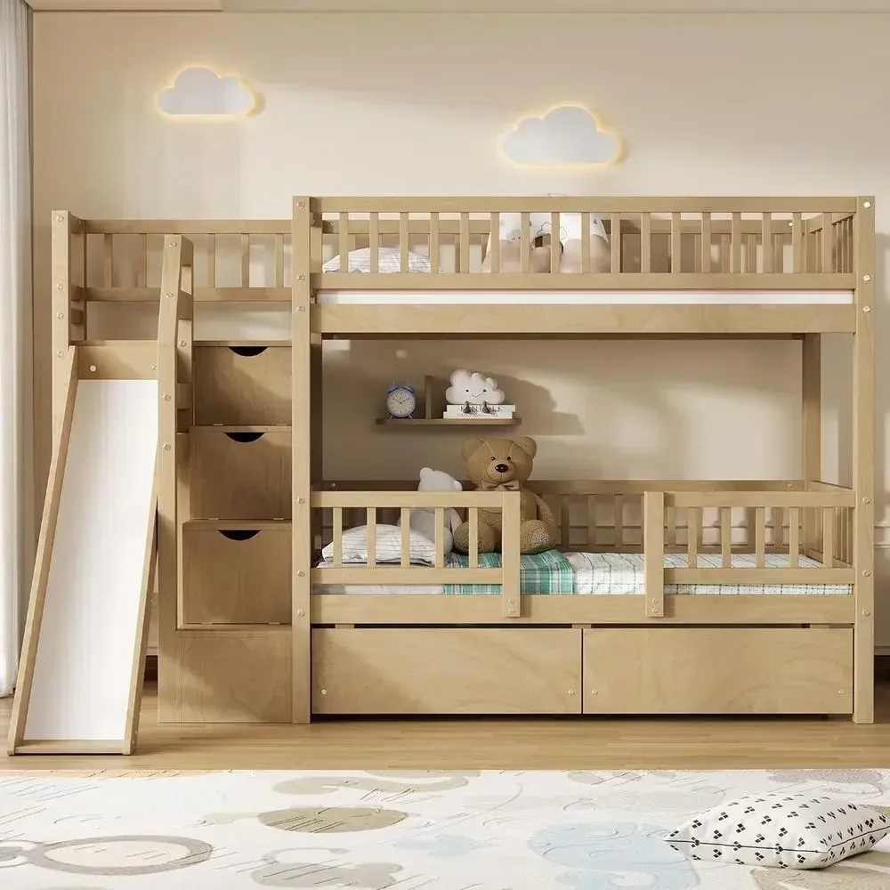 スライドと収納付きの階段を備えた、ツインベッド2台を重ねて使 - Bunk Bed With Stairs And Slide のレビューと価格