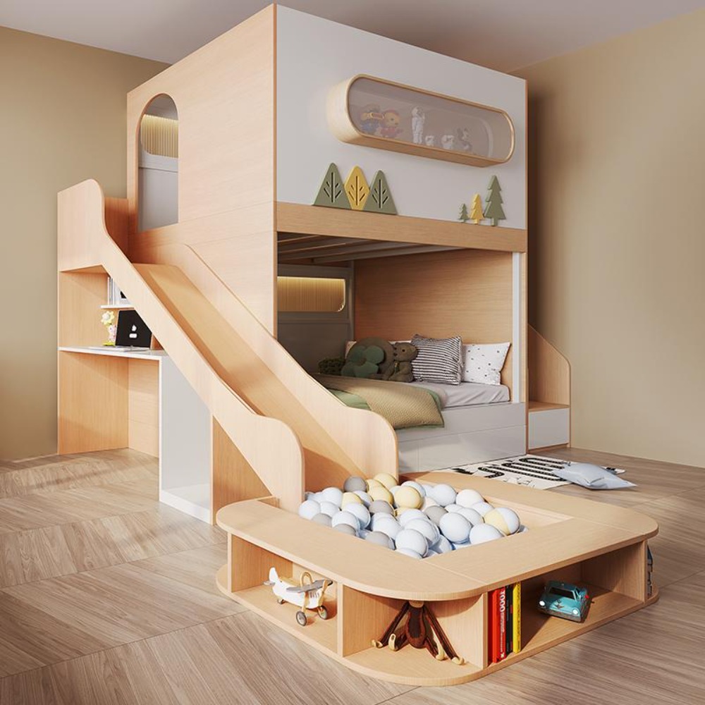 宇宙カプセル型ツリーハウス二段ベッド。スライドとボールプール - Bunk Bed With Stairs And Slide のレビューと価格