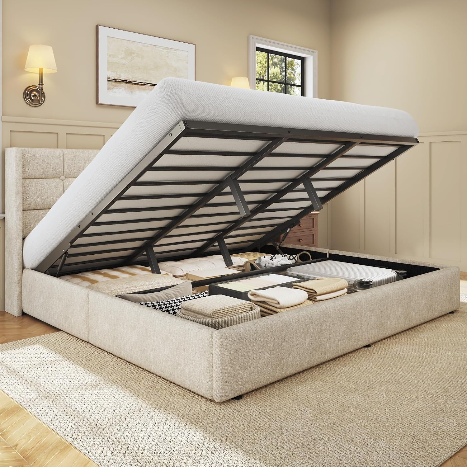キングサイズリフト収納ベッドフレーム、ウィングバックヘッドボ - Gas Lift Storage Bed Hydraulic のレビューと価格