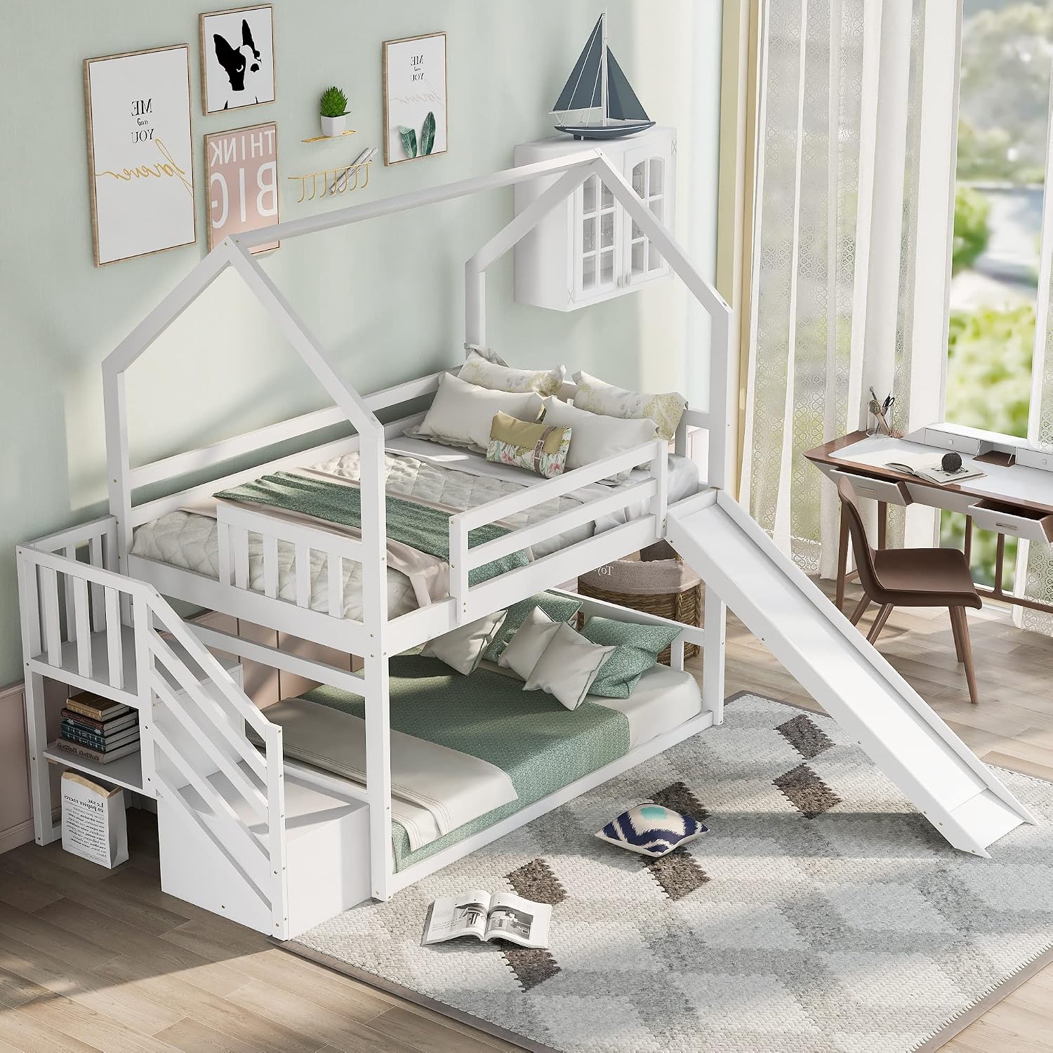 ツインオーバーツイン二段ベッド、スライドと階段付き、木製ハウ - Bunk Bed With Stairs And Slide のレビューと価格