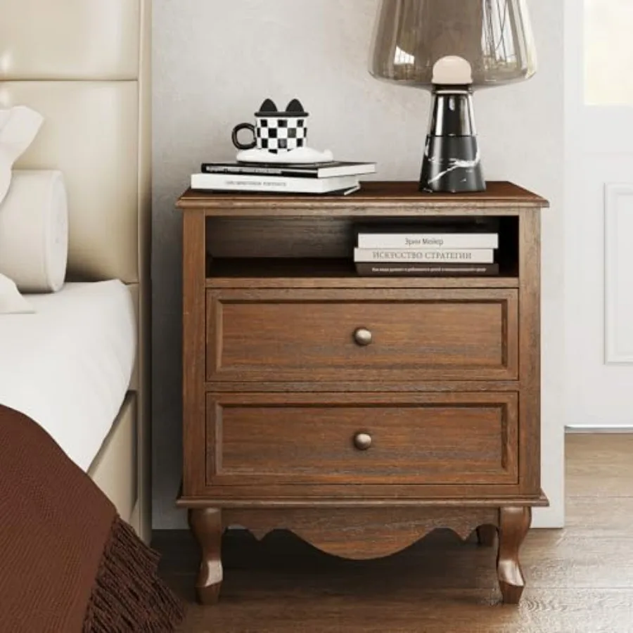 無垢材を使用したナイトスタンド。2つの引き出しとオープンシェ - Solid Wood Nightstand 2 Drawers のレビューと価格