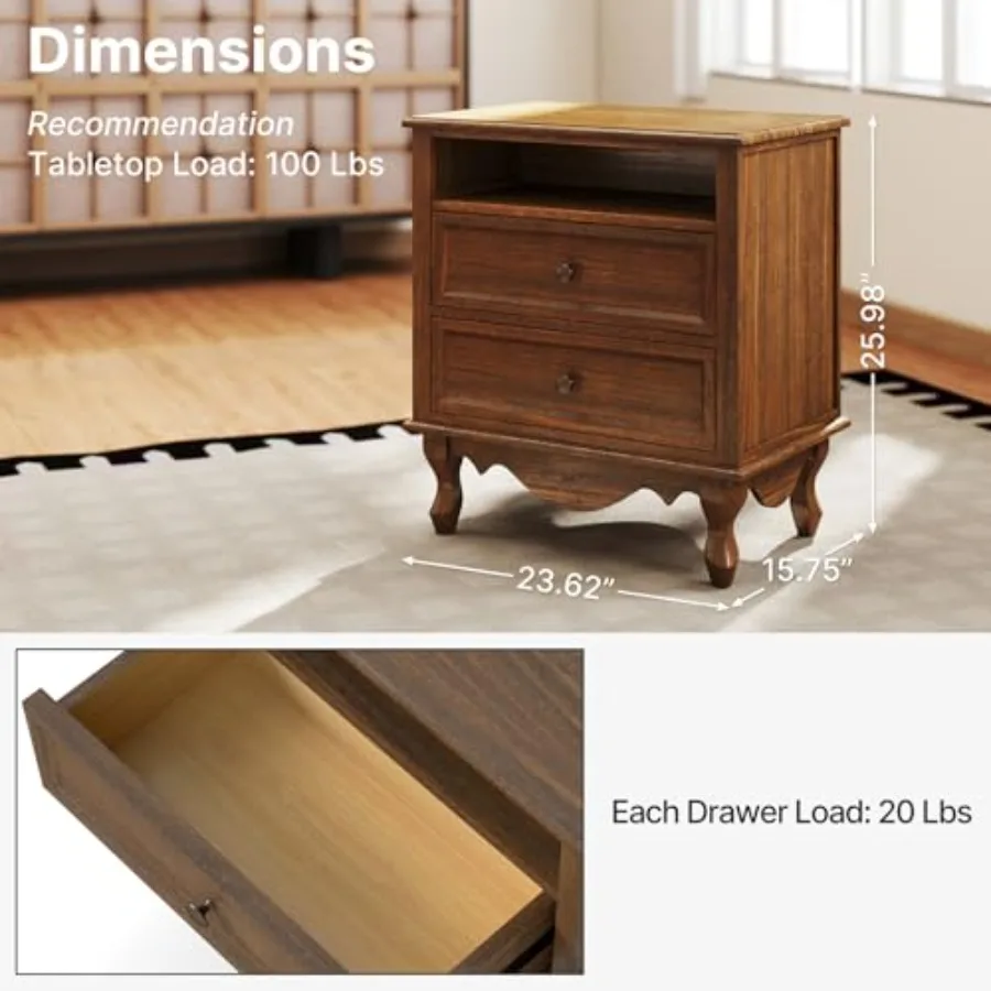 無垢材を使用したナイトスタンド。2つの引き出しとオープンシェ - Solid Wood Nightstand 2 Drawers のレビューと価格