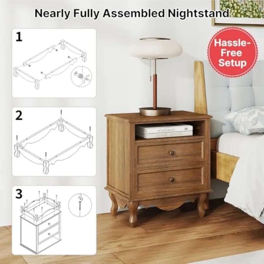 無垢材を使用したナイトスタンド。2つの引き出しとオープンシェ - Solid Wood Nightstand 2 Drawers のレビューと価格