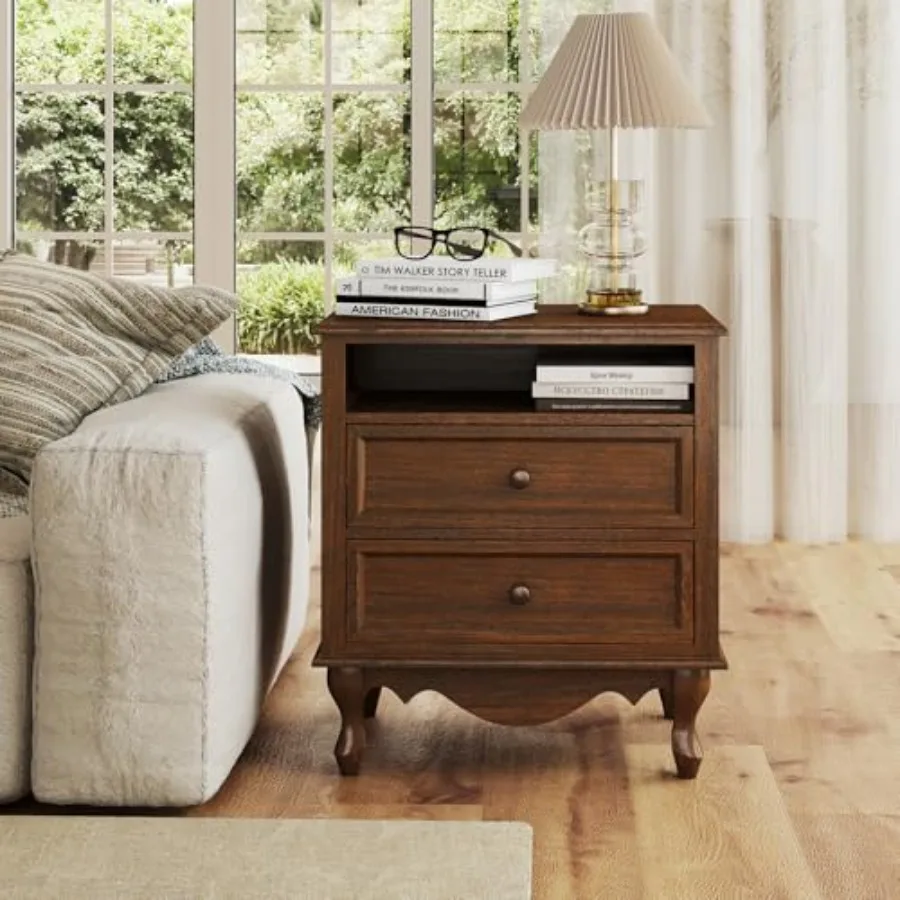 無垢材を使用したナイトスタンド。2つの引き出しとオープンシェ - Solid Wood Nightstand 2 Drawers のレビューと価格