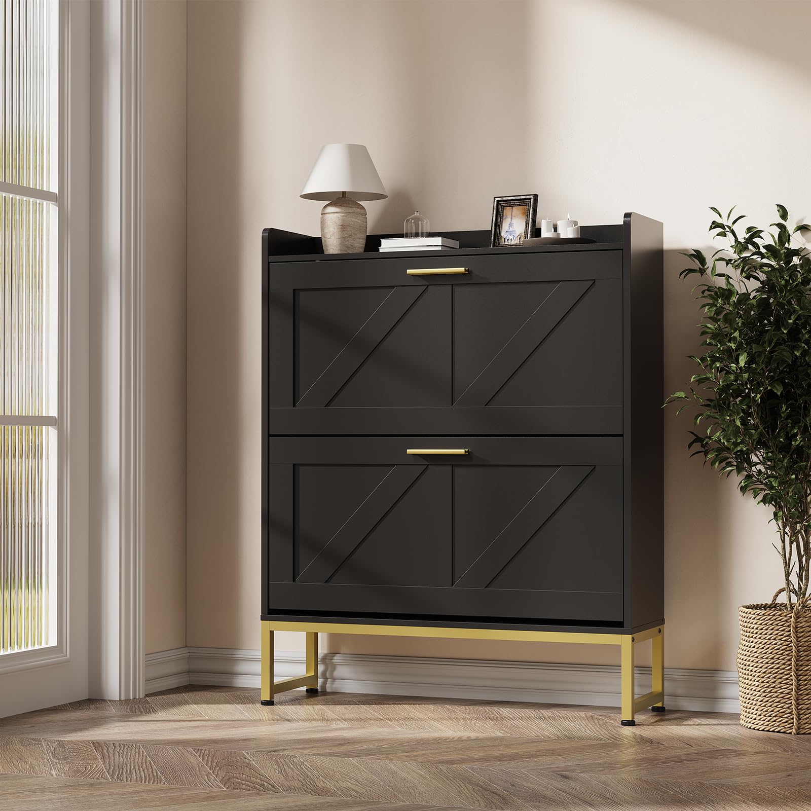 玄関用の狭い靴箱、2段フリップ式引き出し、調節可能な棚、防塵 - Shoe Rack Cabinet Narrow Entryway のレビューと価格