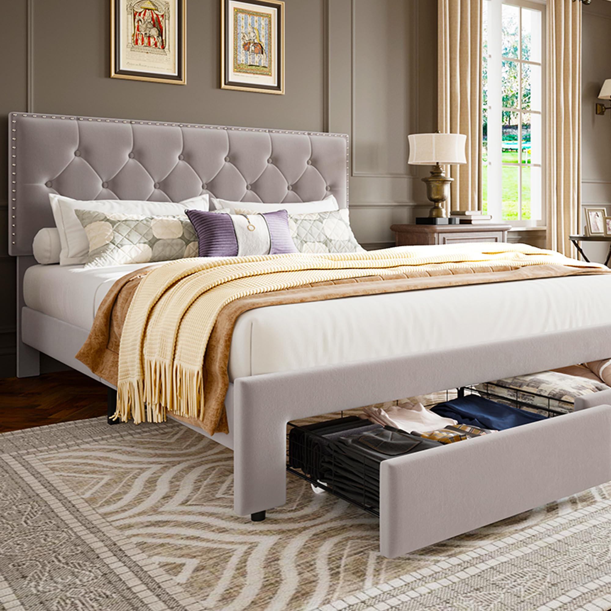 キングサイズのベッドフレーム。収納引き出し2つ付き。アンティ - King Size Bed Frame With Storage Drawers のレビューと価格
