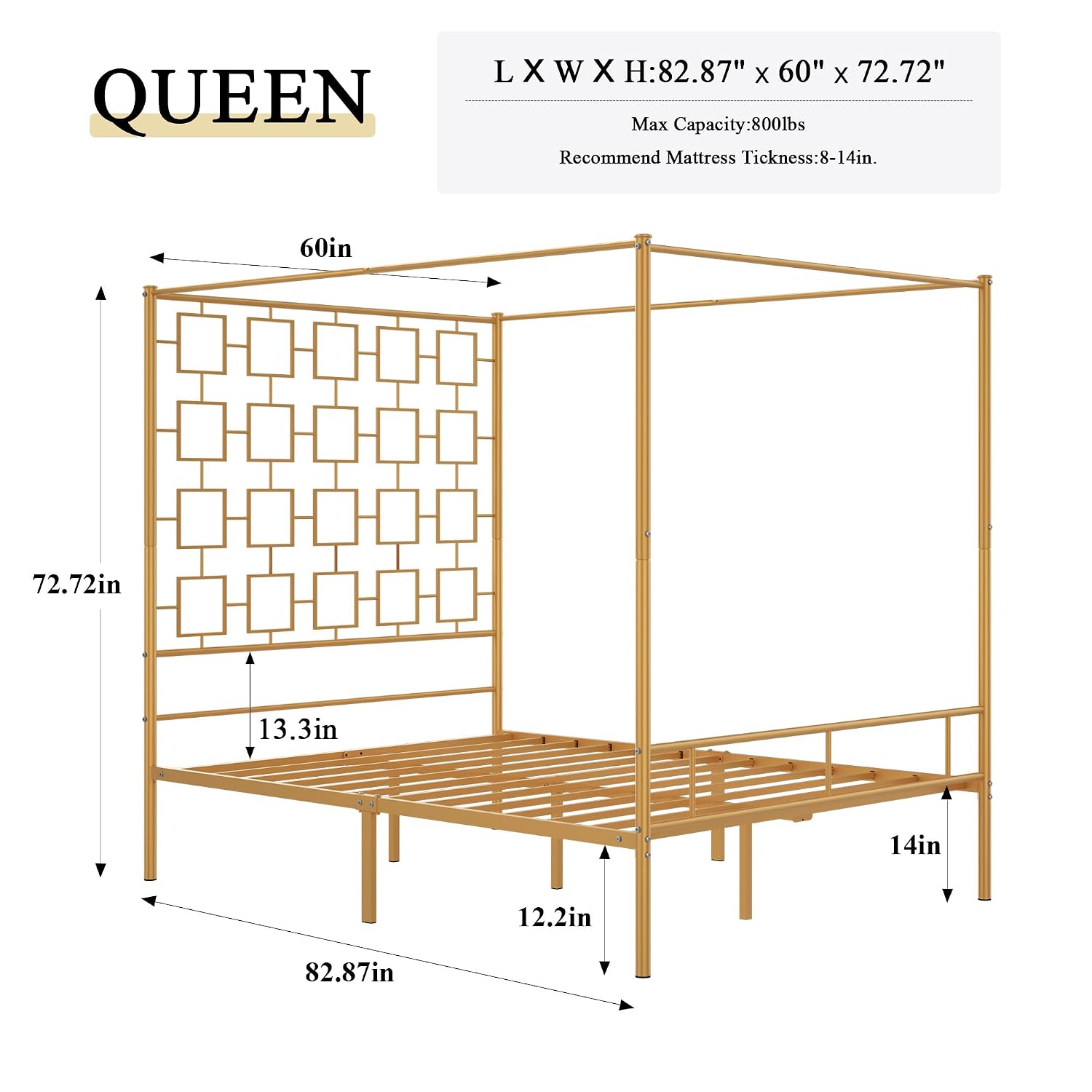 クイーンサイズの天蓋付きベッドフレーム、金属製四柱式プラット - Canopy Bed Frame Metal Queen のレビューと価格
