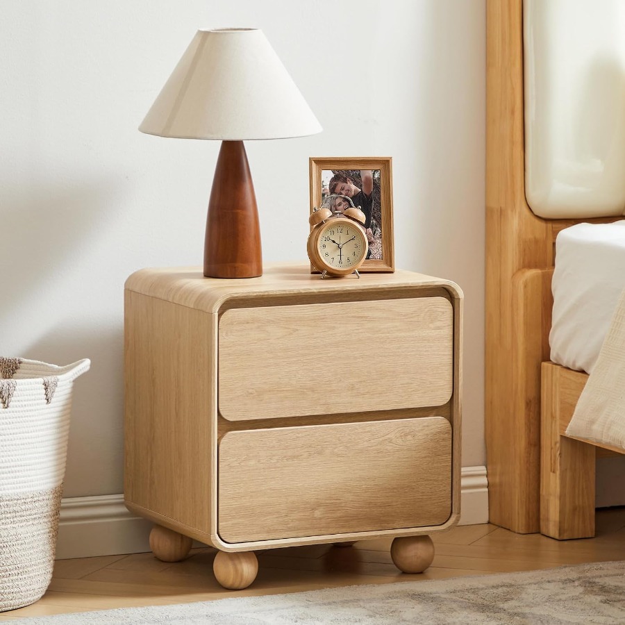 学生寮の寝室に最適な、引き出し2つ付きのコンパクトなナイトテ - Solid Wood Nightstand 2 Drawers のレビューと価格