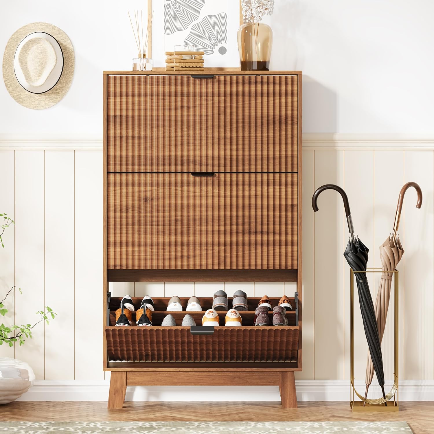 玄関用シューズキャビネット収納 3つのフリップドロワー付き  - Shoe Rack Cabinet Narrow Entryway のレビューと価格