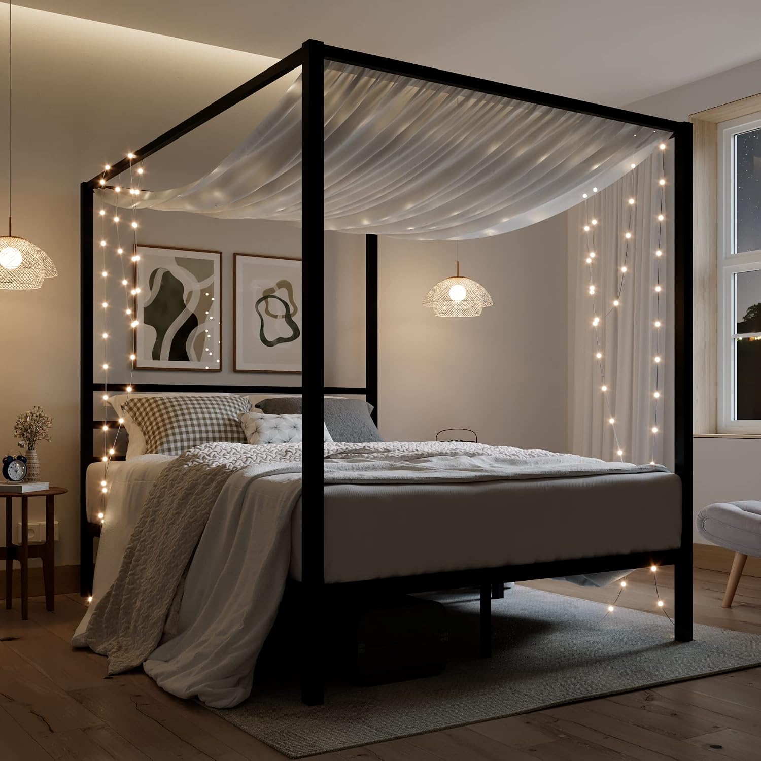 クイーンサイズの金属製キャノピーベッドフレーム、頑丈な構造、 - Canopy Bed Frame Metal Queen のレビューと価格